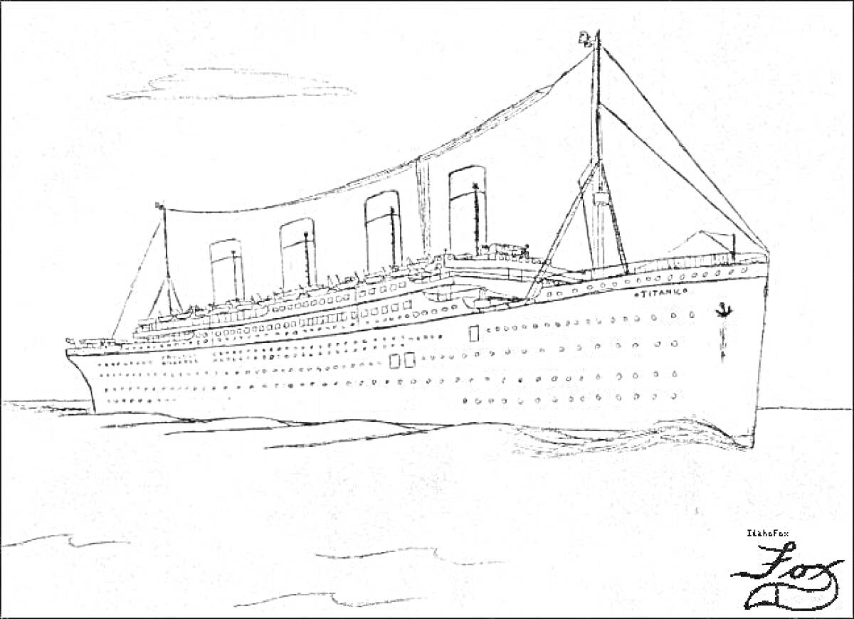 На раскраске изображено: Лайнер, Корабль, Морской транспорт, Палубы, Пароход, Море, Линия горизонта