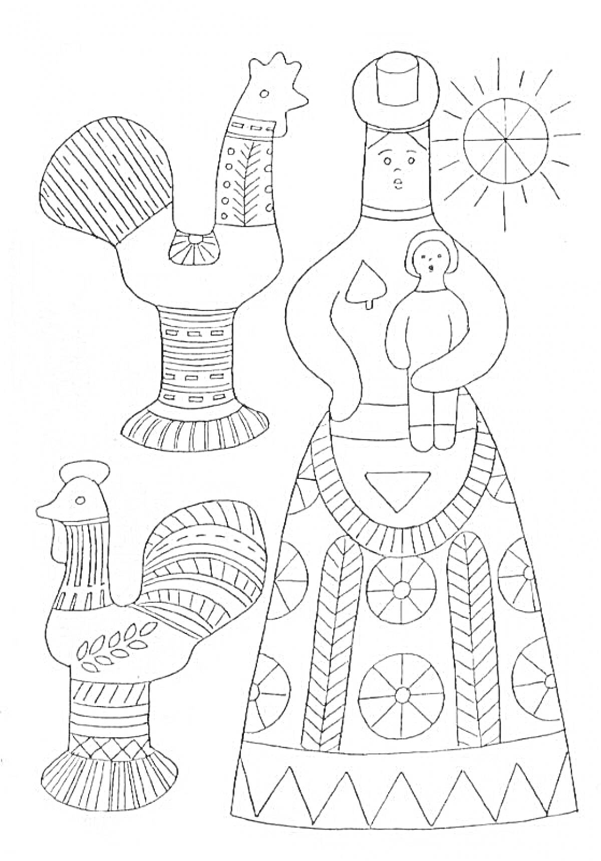 Раскраска Филимоновская игрушка - женщина с ребенком, два петуха, солнце