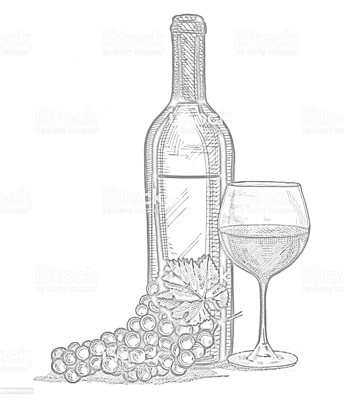 Раскраска Винная бутылка, виноградная гроздь и бокал с вином