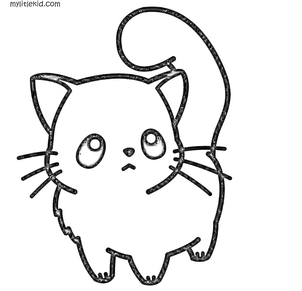 Раскраска Котик с большими глазами и хвостиком вверх