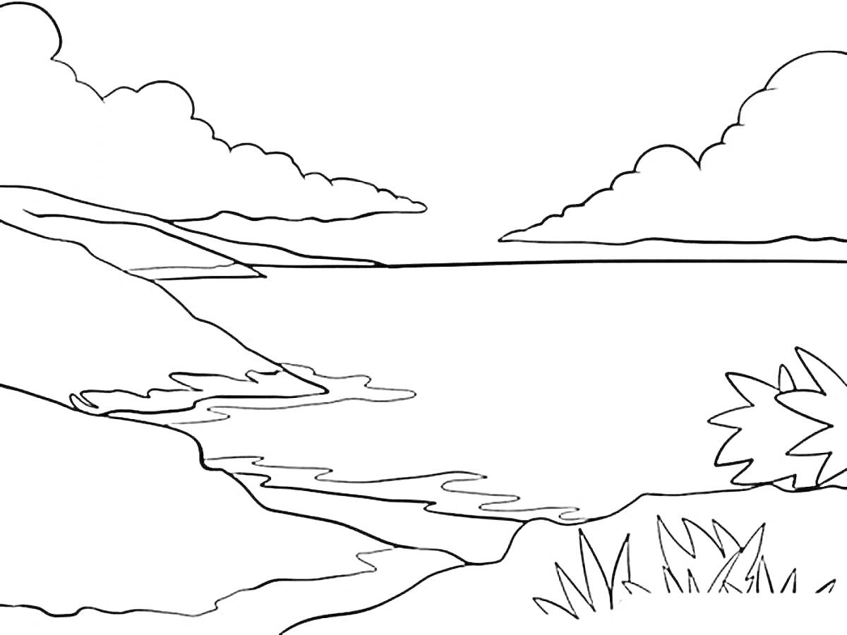 На раскраске изображено: Речка, Облака, Растительность, Природа, Пейзаж, Вода, Линия горизонта