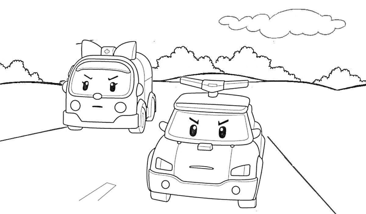Раскраска Два машинки из Робокара Поли едут по дороге на фоне деревьев и облаков
