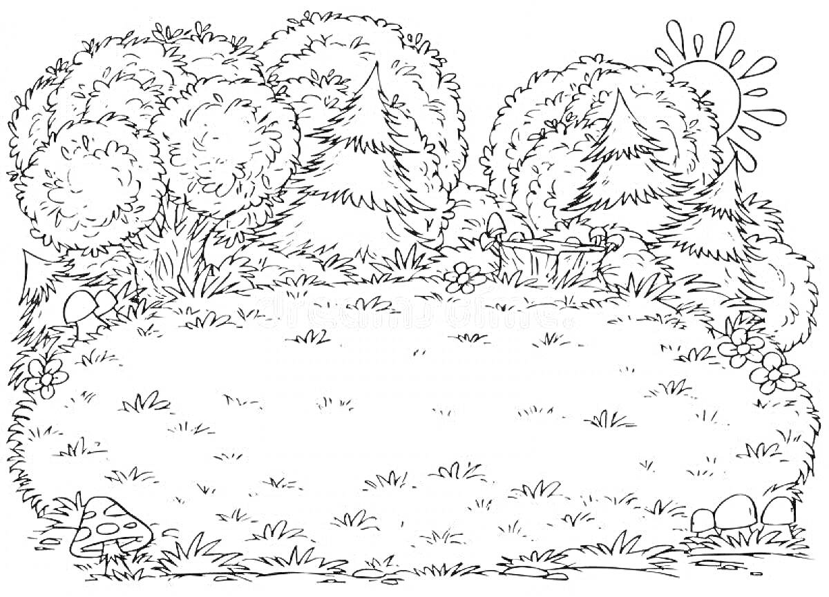 Раскраска Поляна с деревьями, кустами, цветами, грибами и солнцем