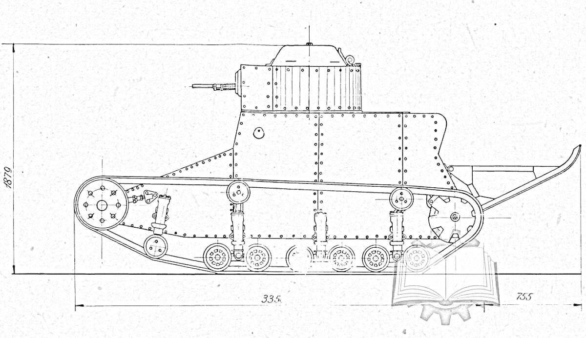 Раскраска Чертеж танка МС-1 с размерами, вид сбоку