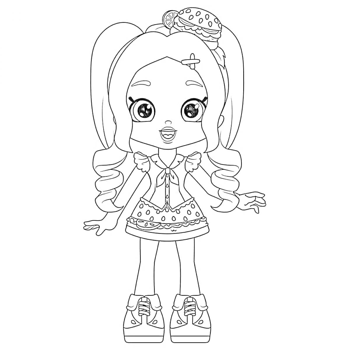 Раскраска Кукла Челси с пышными волосами, заколкой в виде пирожного, бантом, платьем с рюшками и босоножками на платформе