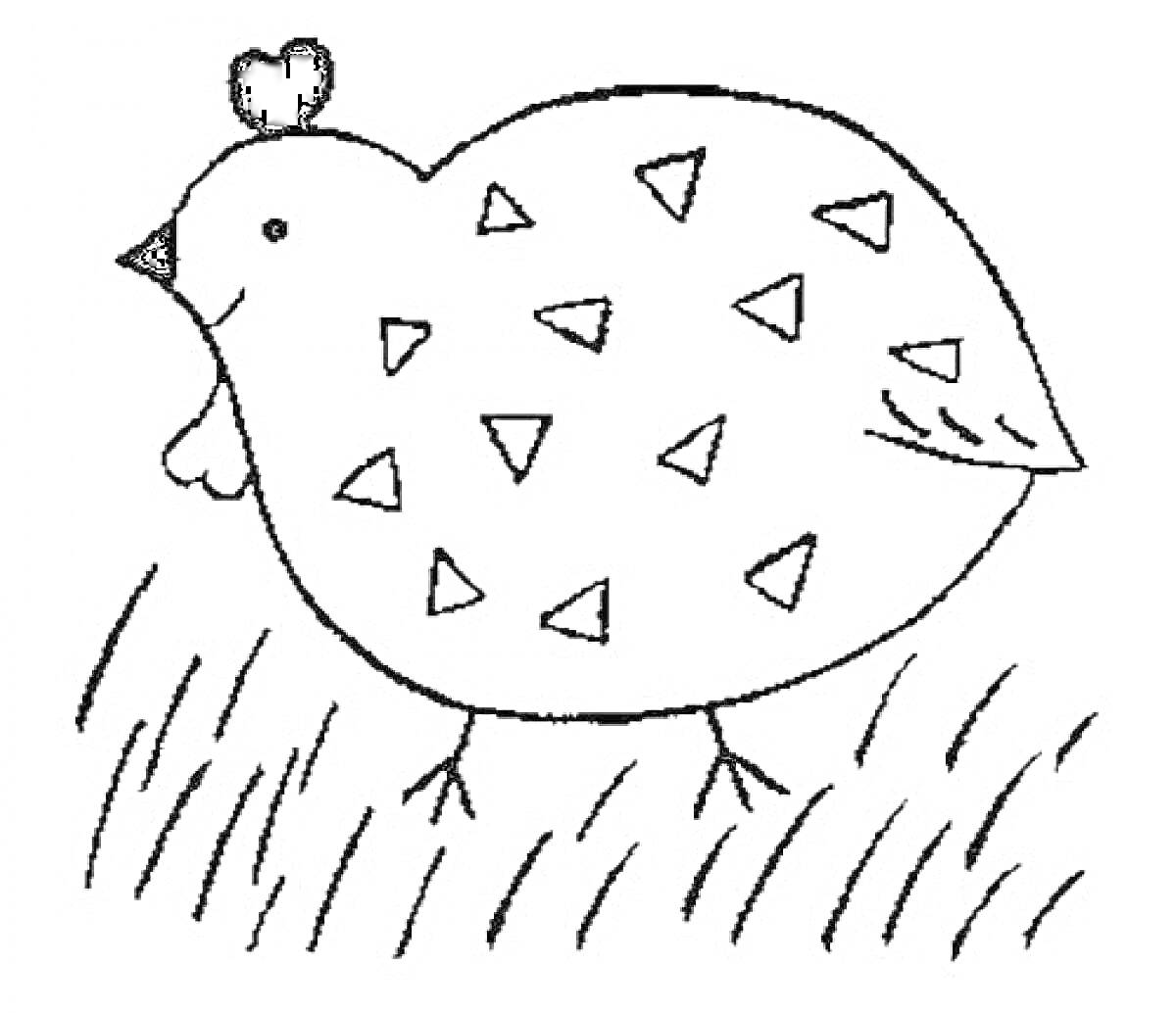 Курочка Ряба на траве с треугольным узором на спине