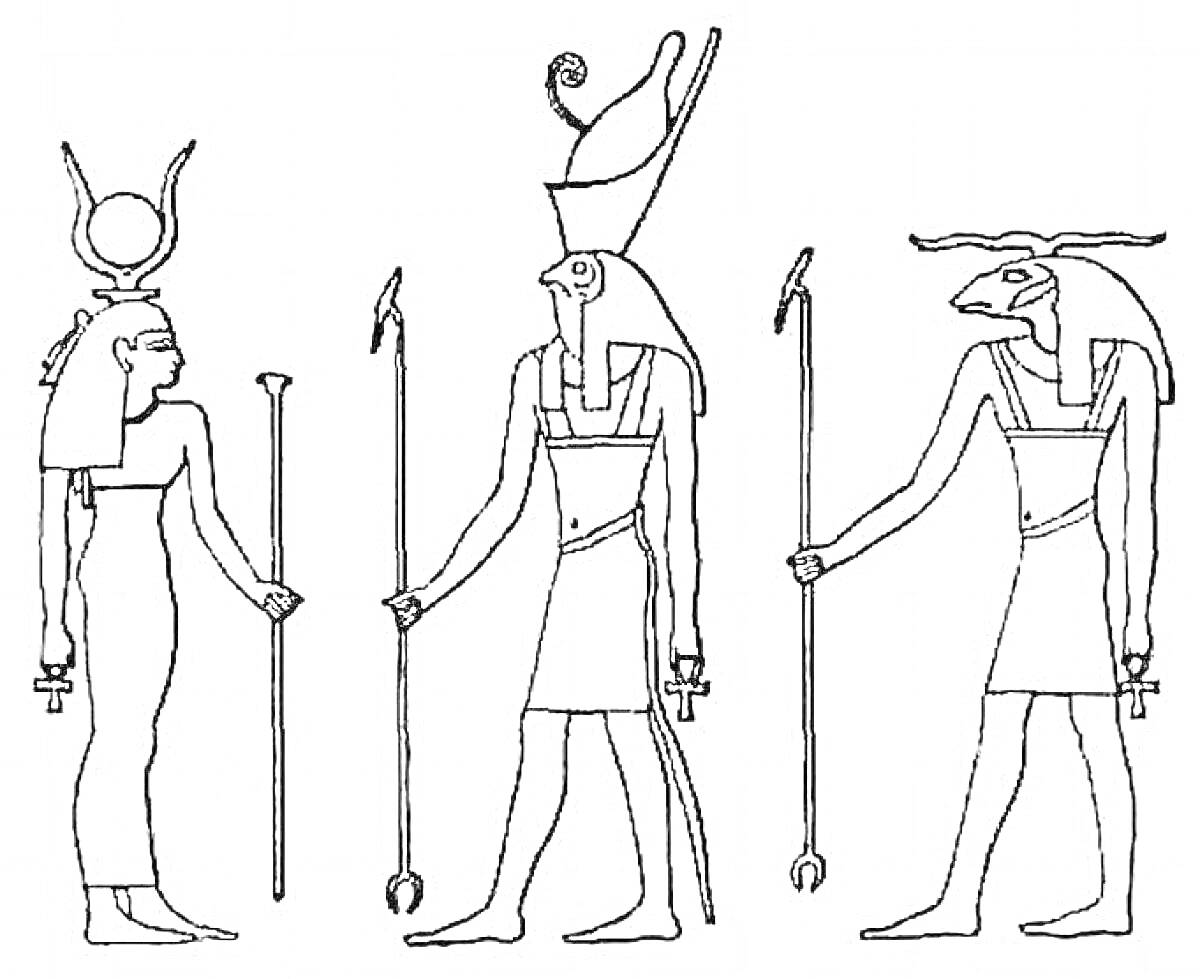 Раскраска Древнеегипетские боги и богини с посохами и символами