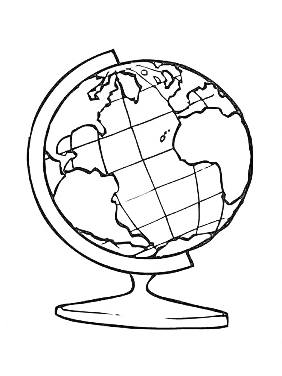 На раскраске изображено: Глобус, Континенты, Подставка, Карта мира, Учебные принадлежности, География, Мир, Земля