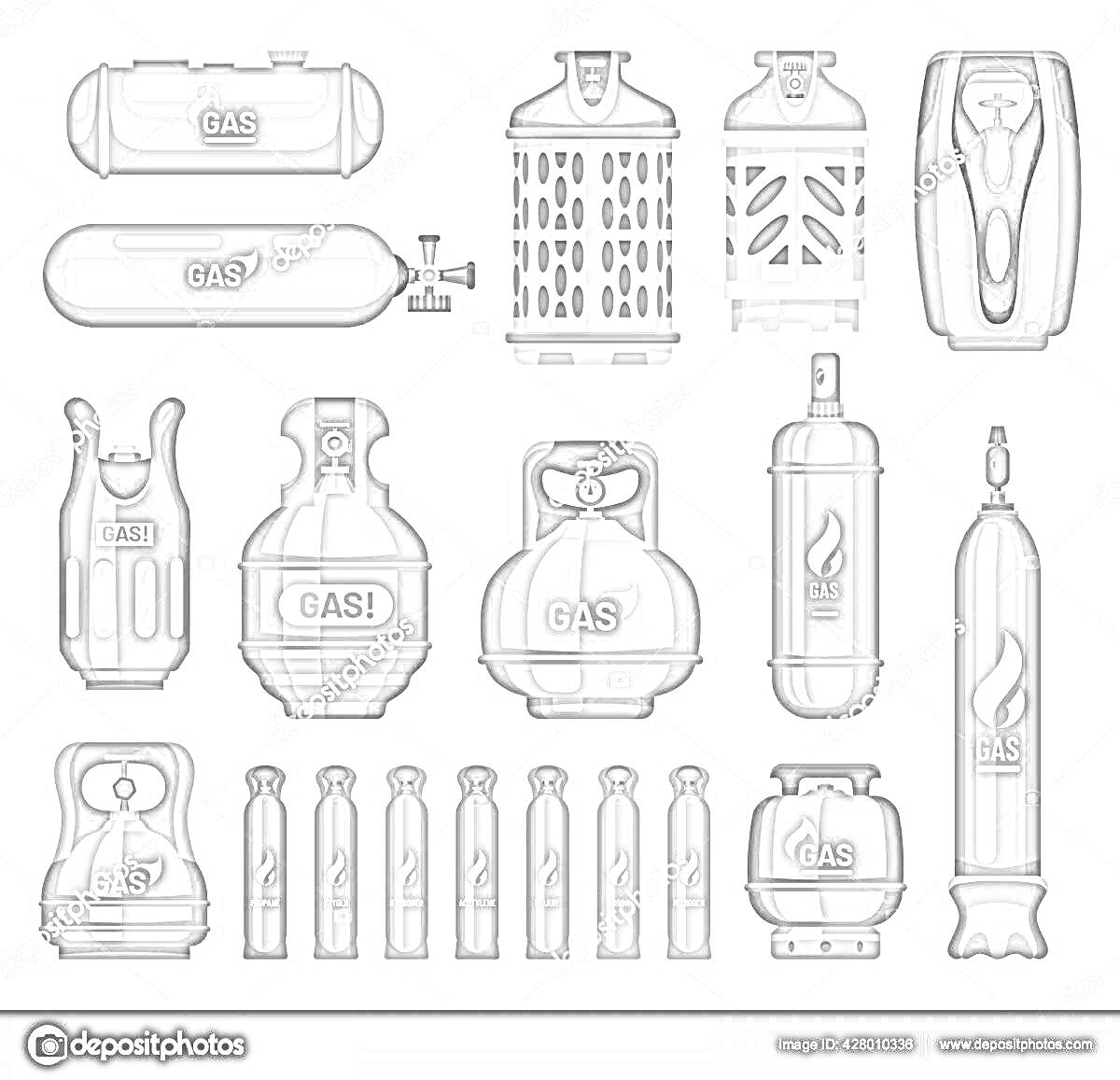 Раскраска Различные типы газовых баллонов: цилиндрические баллоны, баллоны в защитных кожухах, маленькие баллончики, длинные баллоны, баллончики с вентилем
