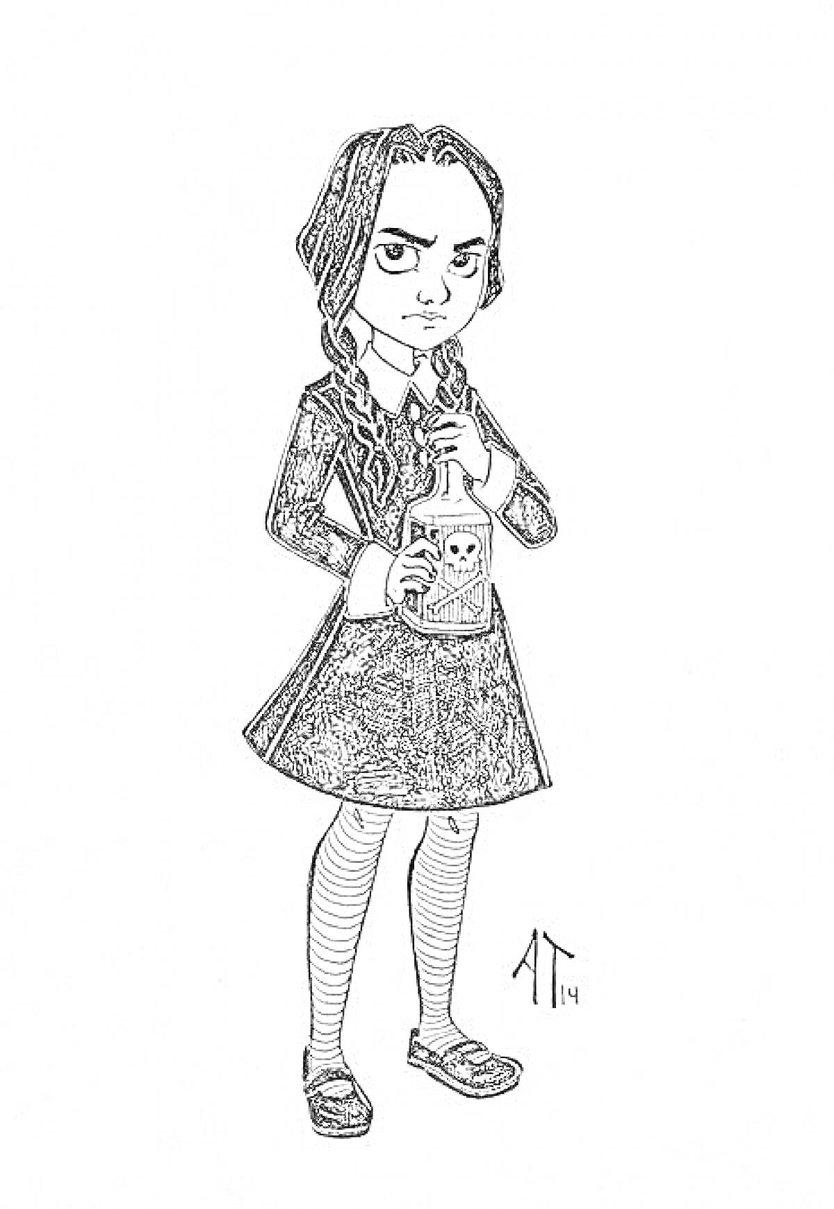 Раскраска Девочка с косичками в школьной форме, держащая бутылку с изображением черепа