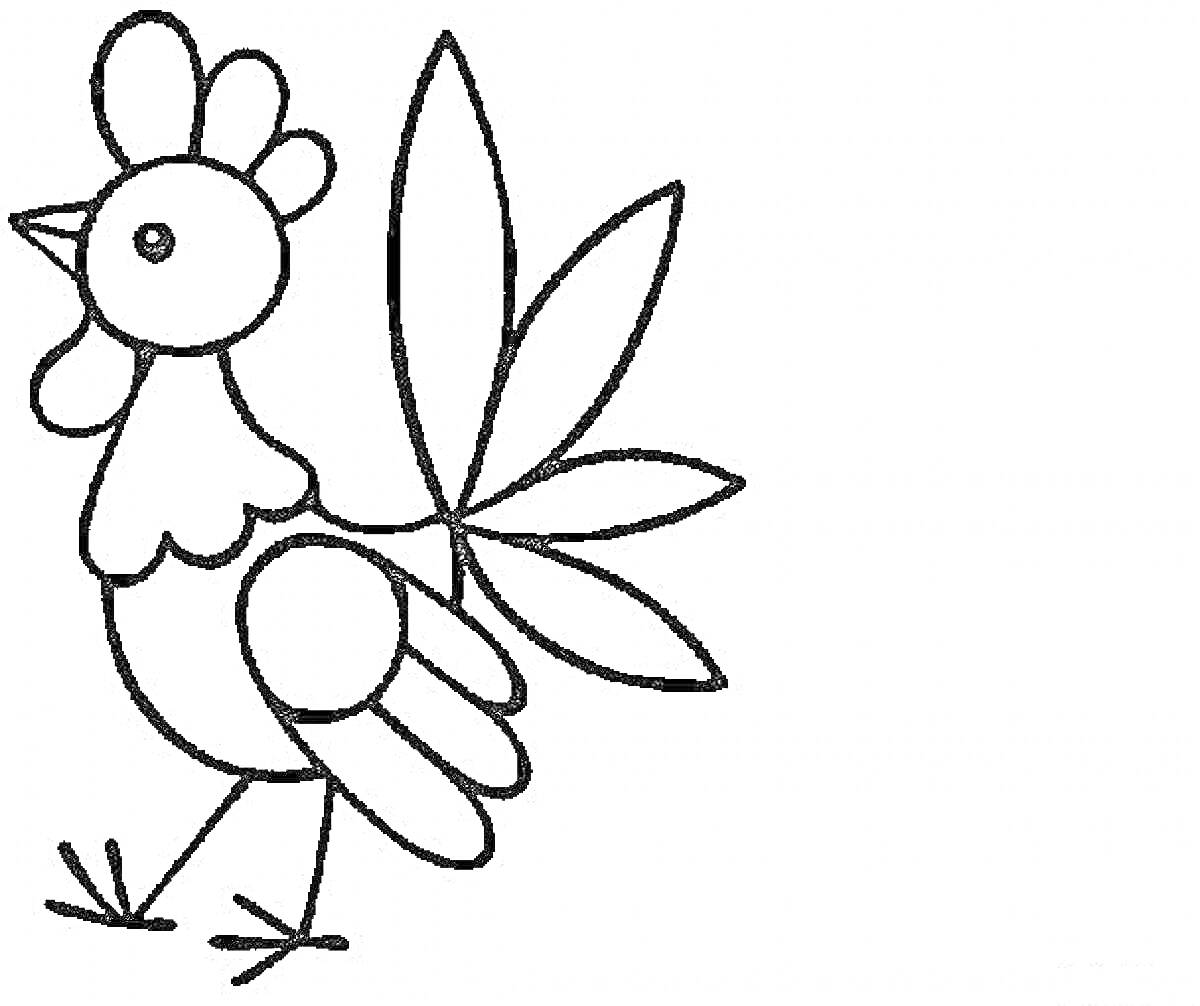 Раскраска Петушок с гребешком, хвостом и крыльями