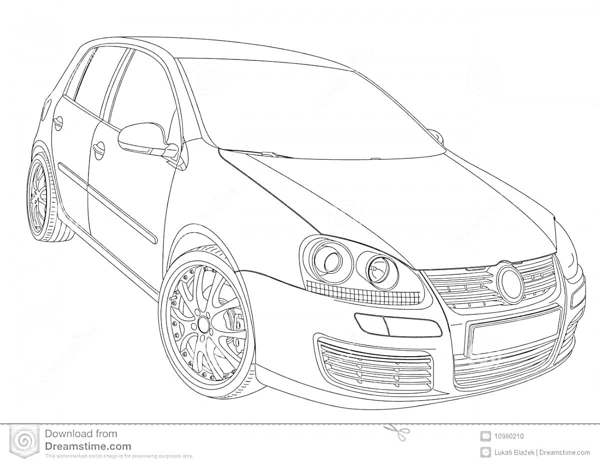 Volkswagen Golf с пятью дверями, дисковыми колёсами и боковыми зеркалами