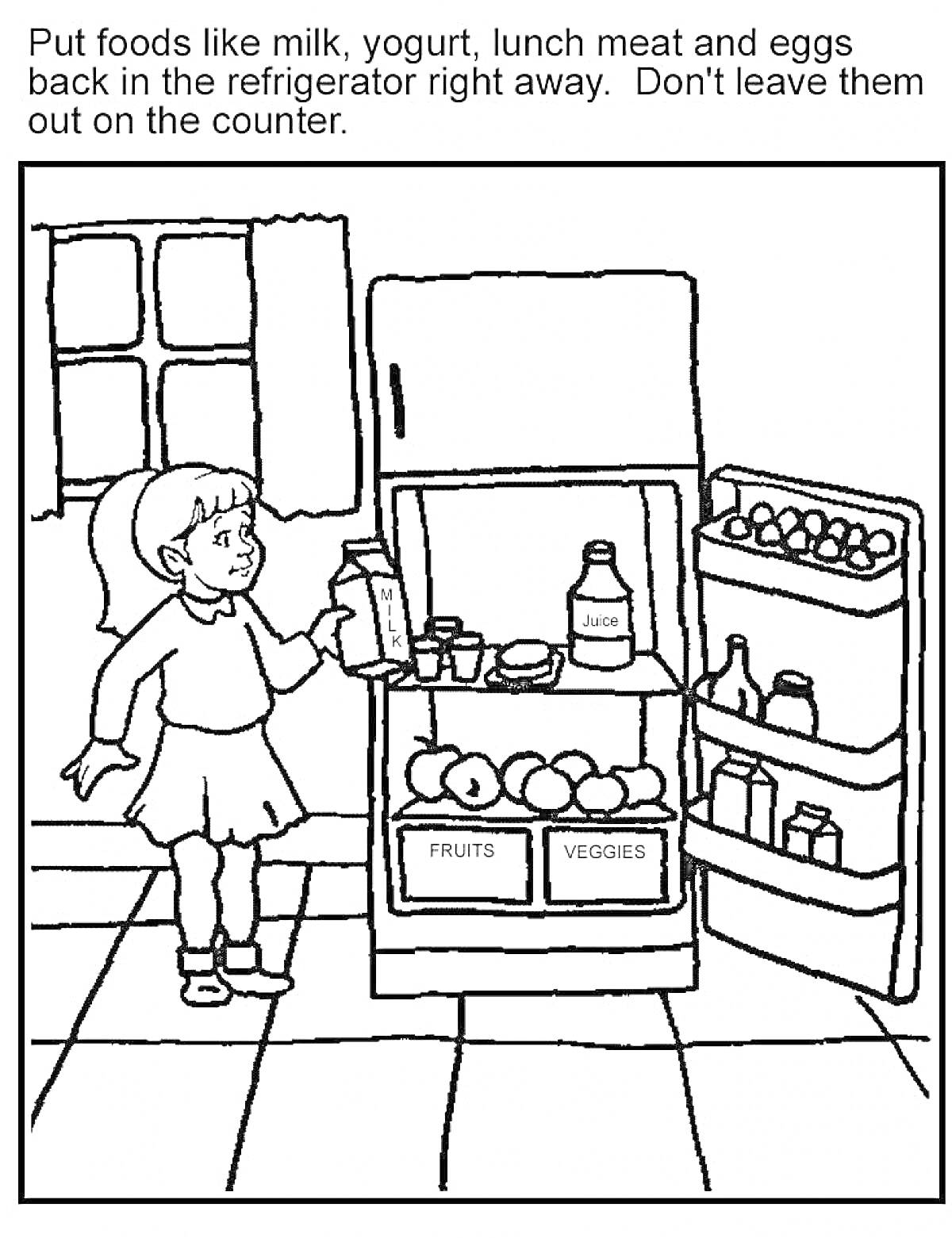 На раскраске изображено: Кухня, Холодильник, Продукты, Молоко, Фрукты, Овощи, Яйца, Ребёнок, Девочка, Напиток