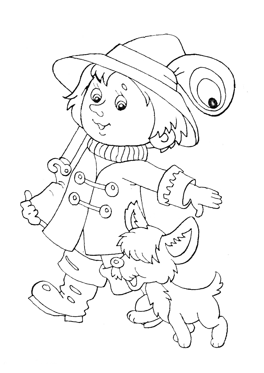 Незнайка в шляпе с пером, пальто и сапогах, с собачкой