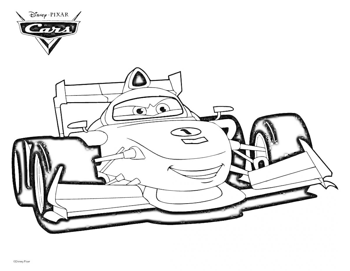 Раскраска Гоночный автомобиль Франческо, персонаж из мультфильма, с задним крылом, передними антикрыльями и крупными колесами