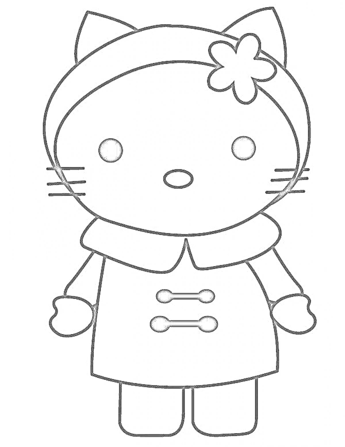 Раскраска Hello Kitty с цветком на шапке и в пальто