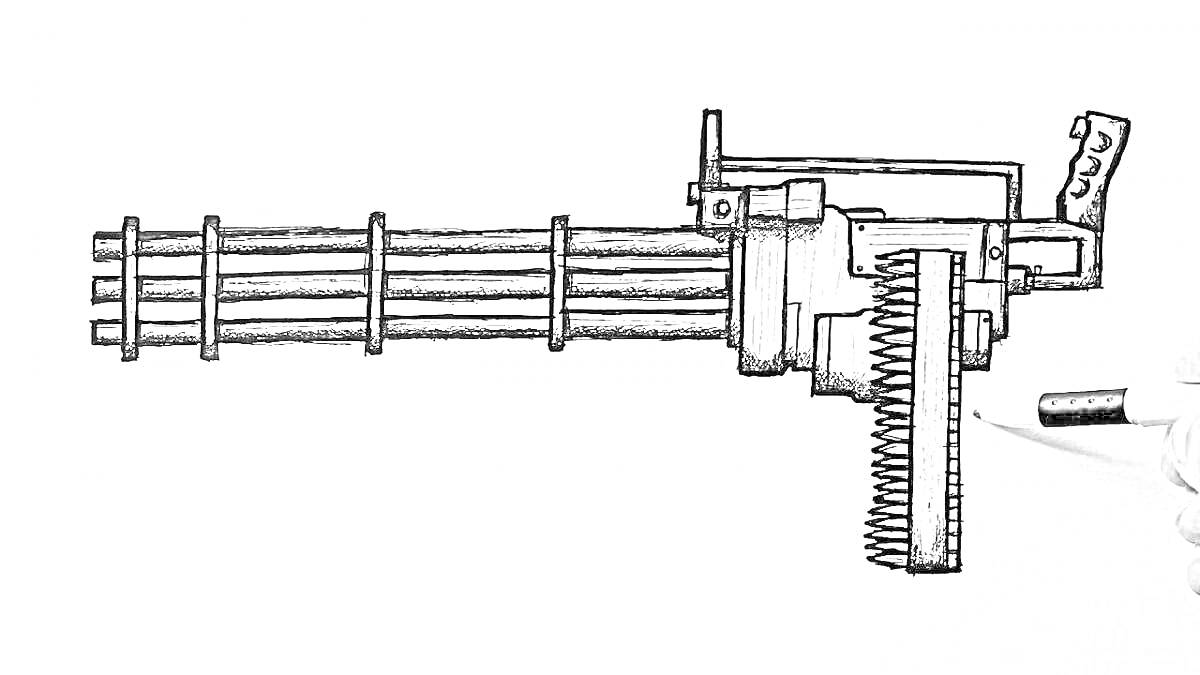 Раскраска Рисунок минигана с вращающимися стволами и рукояткой