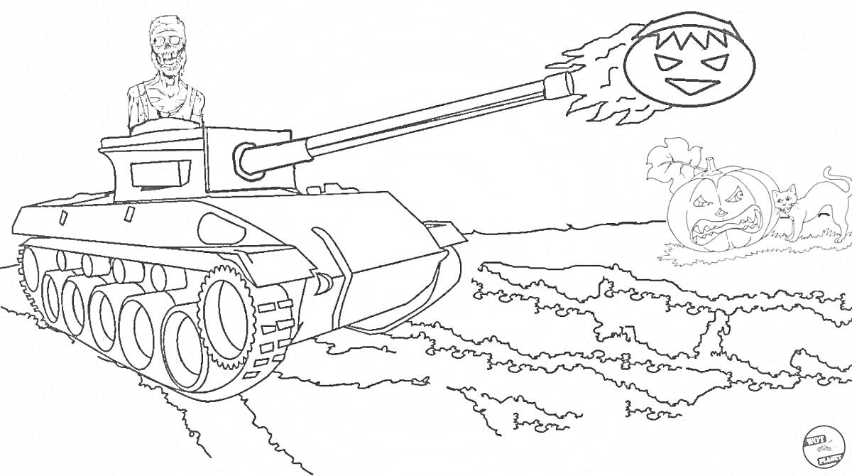 Раскраска танк с бюстом бойца и выстрелом в виде тыквы, тыква с кошкой на фоне травы