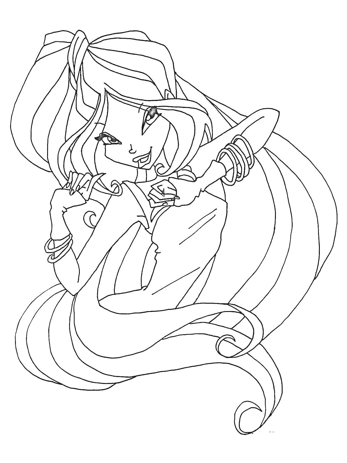 Раскраска Девушка с длинными волосами и браслетами на руках