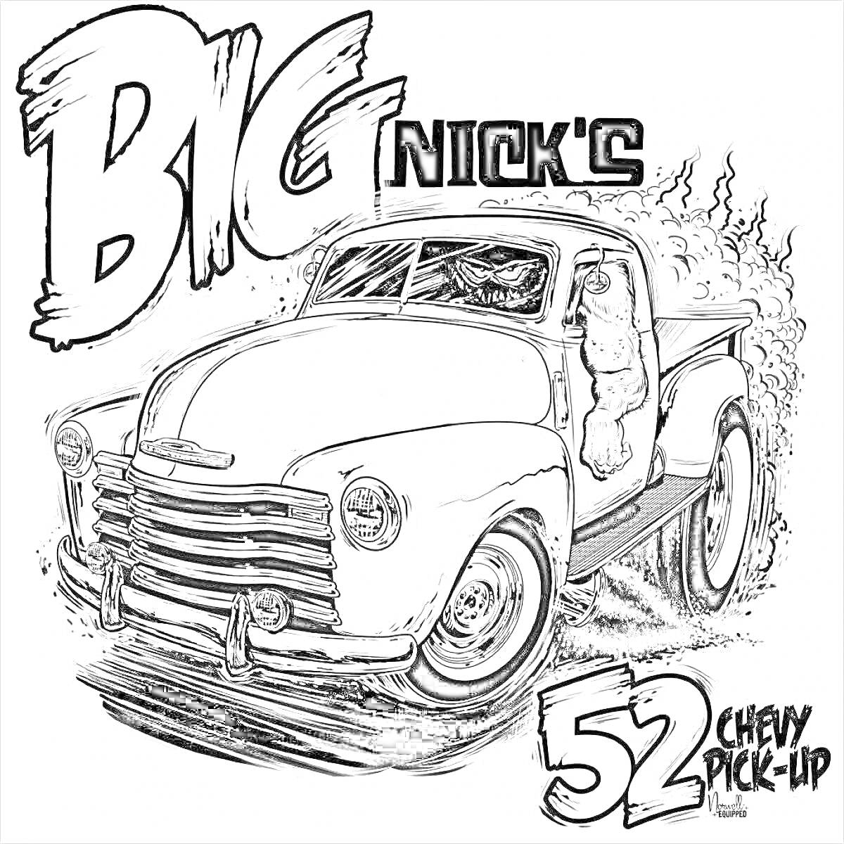 Раскраска Big Nick's 52 Chevy Pick-Up с водителем и собакой