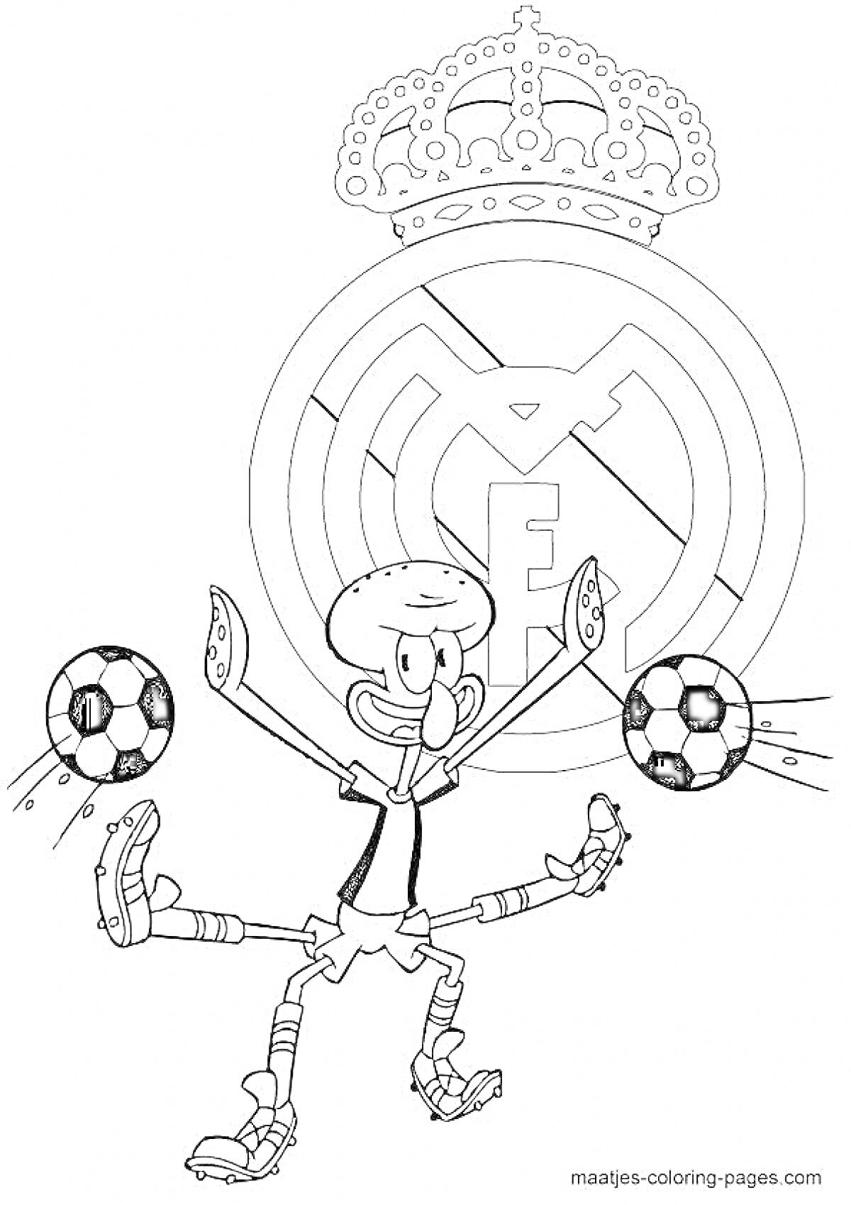 На раскраске изображено: Реал Мадрид, Футбол, Мячи, Корона