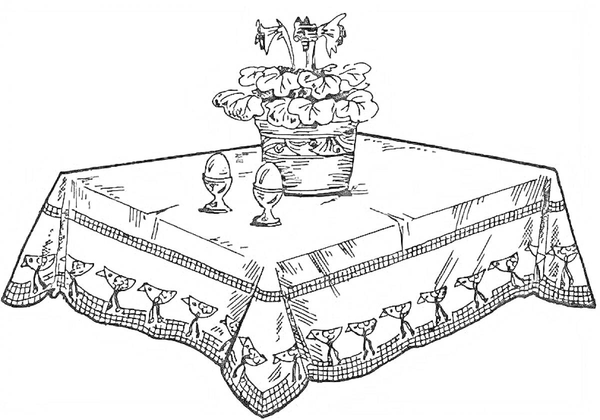 Раскраска Скатерть с узором, горшок с цветами и подставки для яиц