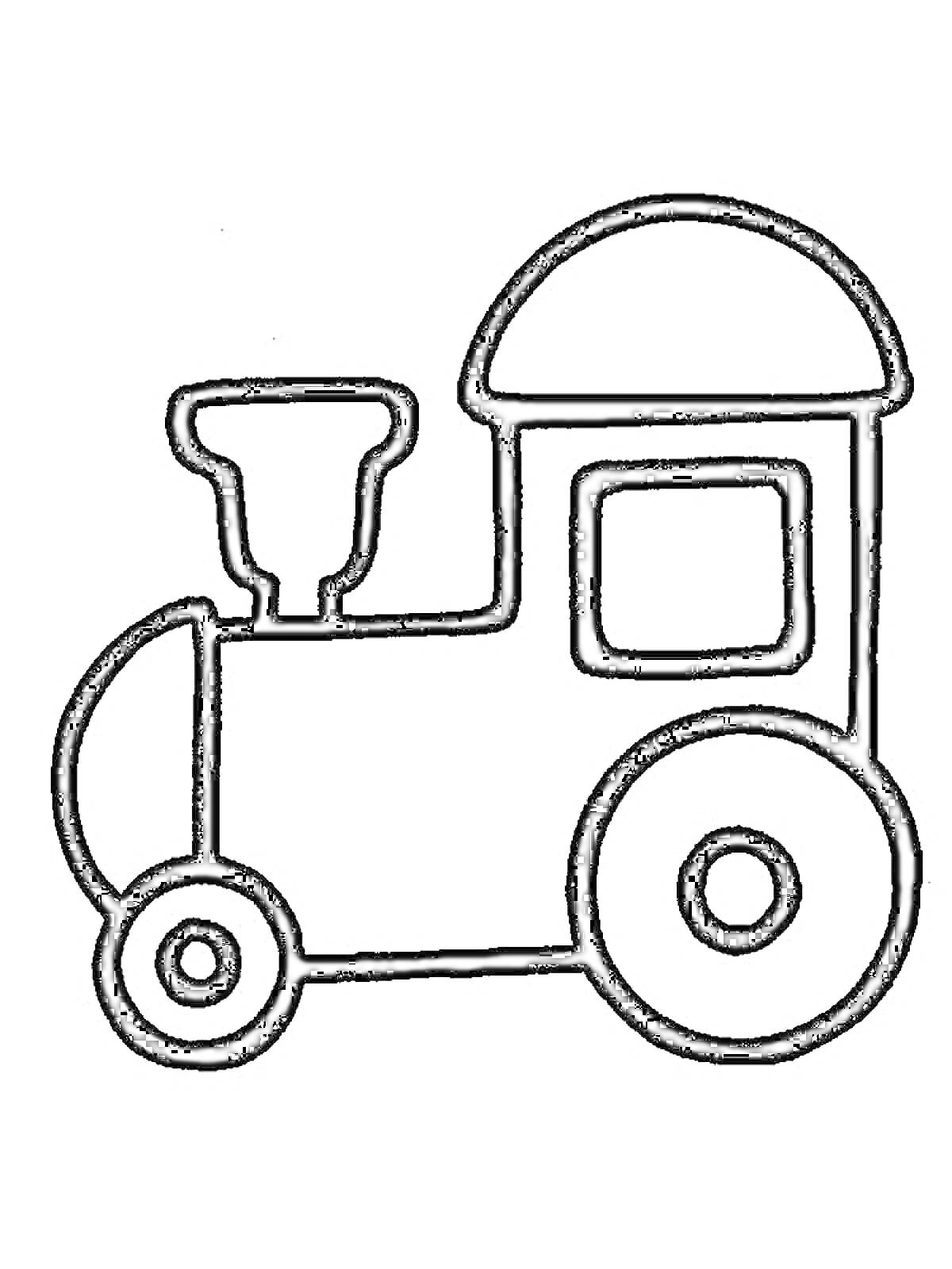 Раскраска Паровозик с трубой, окном и колесами