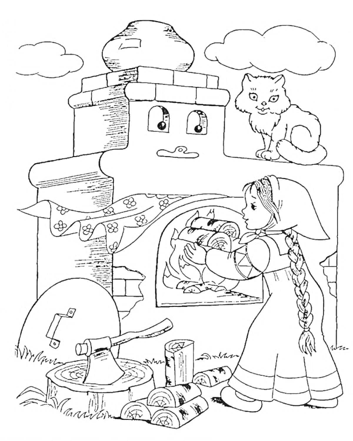 Раскраска Девочка с косой, кладет дрова в печь, на печи сидит кот, рядом лежит топор и дрова