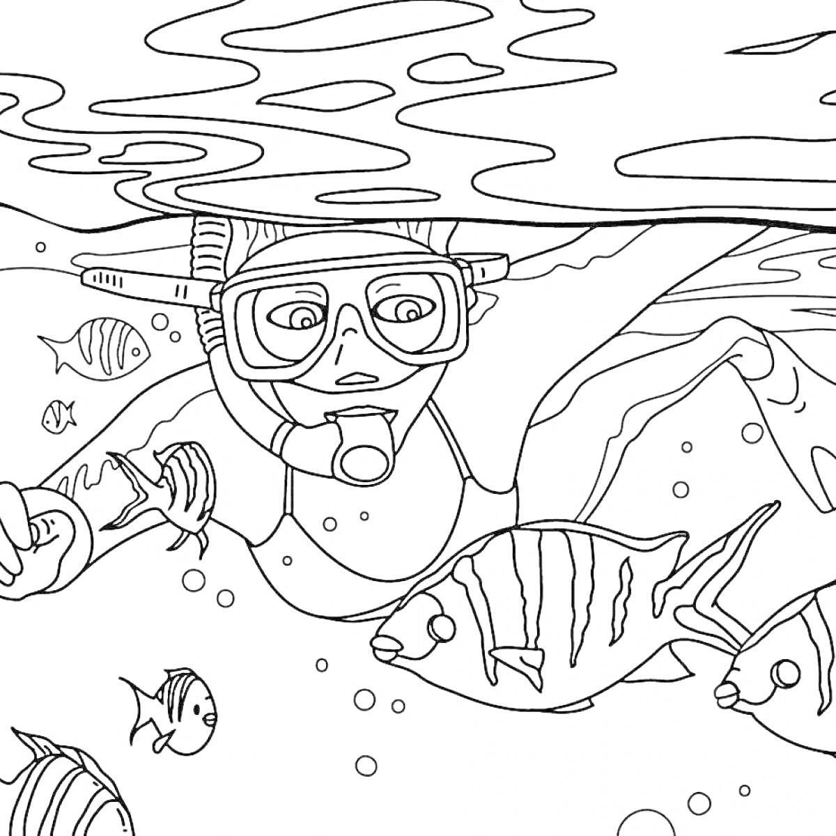 На раскраске изображено: Водолаз, Подводный мир, Подводное плавание, Кораллы, Рыба, Океаны, Пузыри