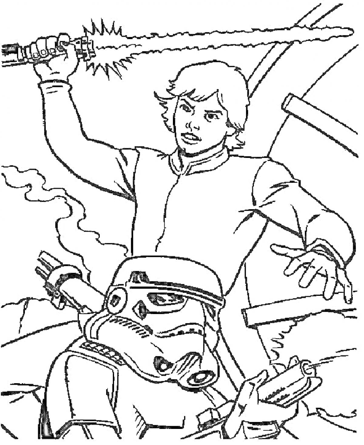 Раскраска Люк Скайуокер с поднятым световым мечом и штурмовик на фоне окружающей среды.