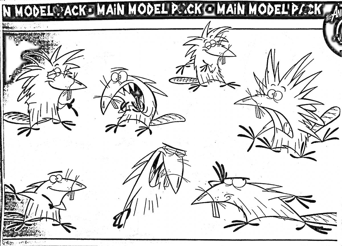 Раскраска шесть карикатурных бобров с разными выражениями лиц в рамках