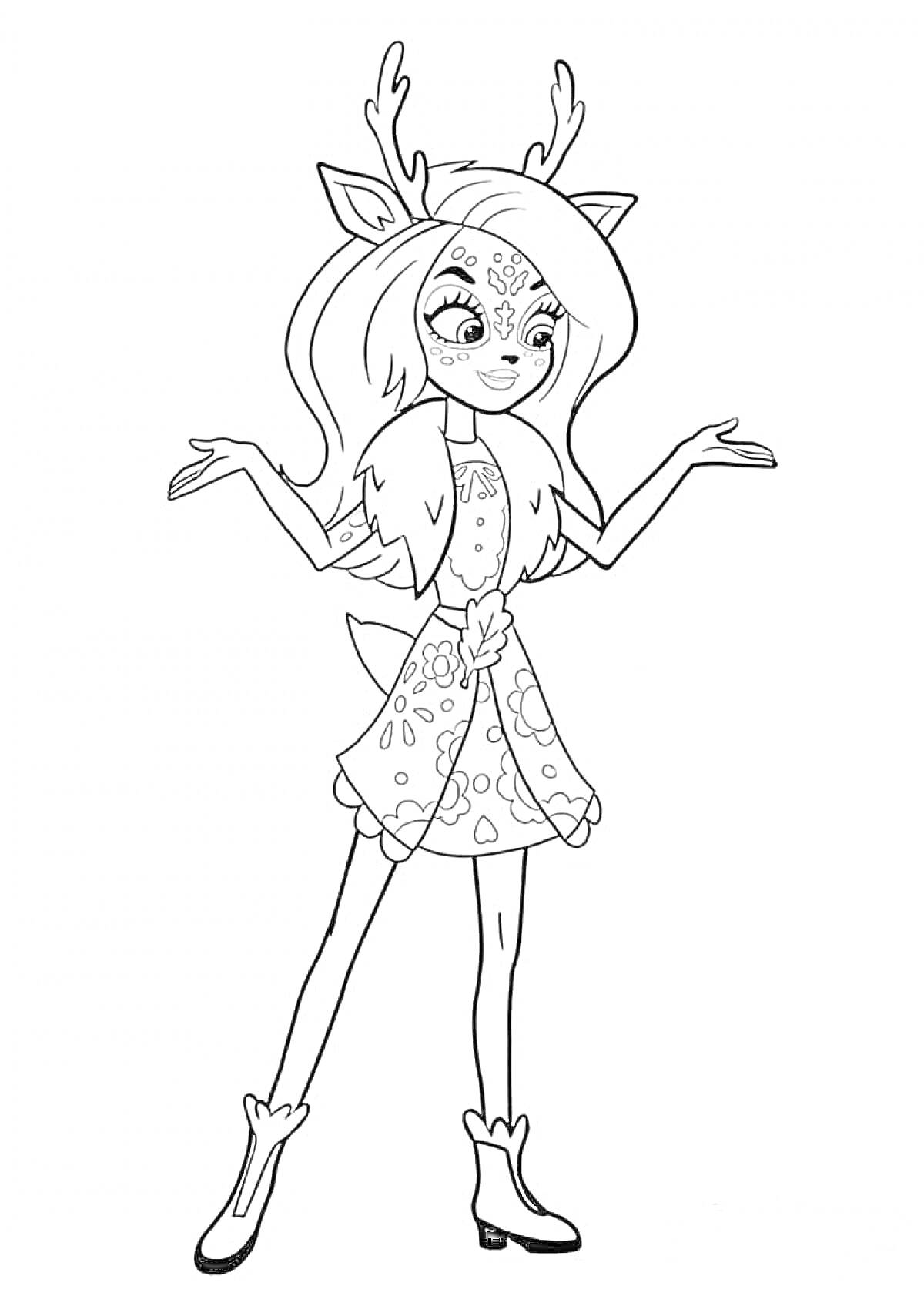Раскраска Девочка-олень из Энчантималс с длинными волосами, в платье с цветами и сапожках