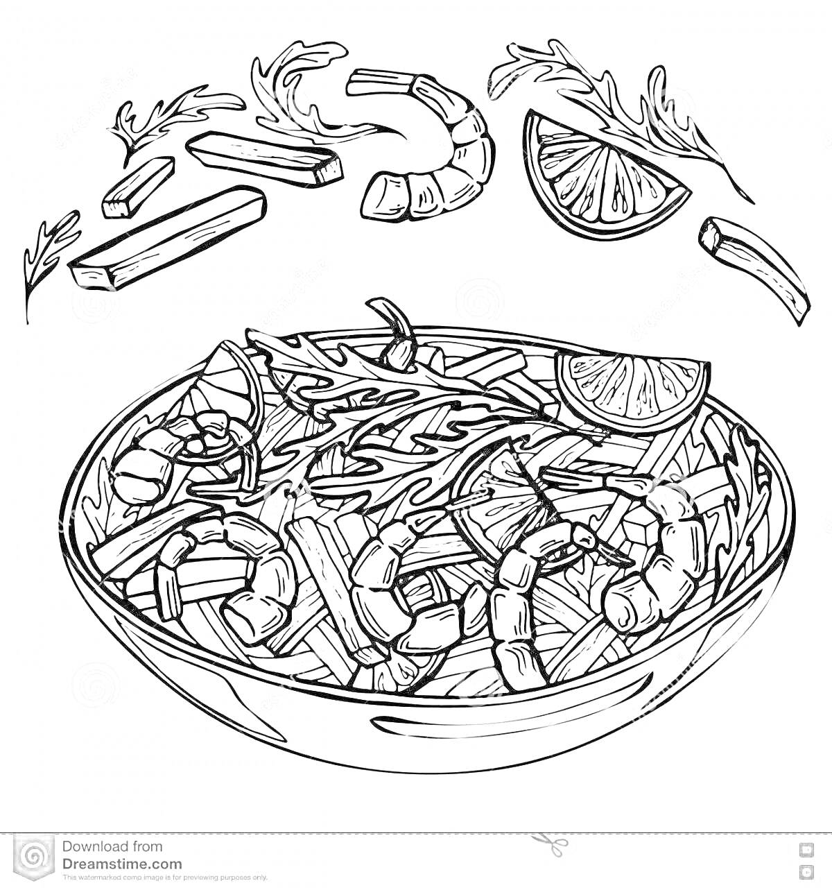 На раскраске изображено: Салат, Креветки, Лимон, Картофель фри, Еда, Ингредиенты, Готовка, Кухня