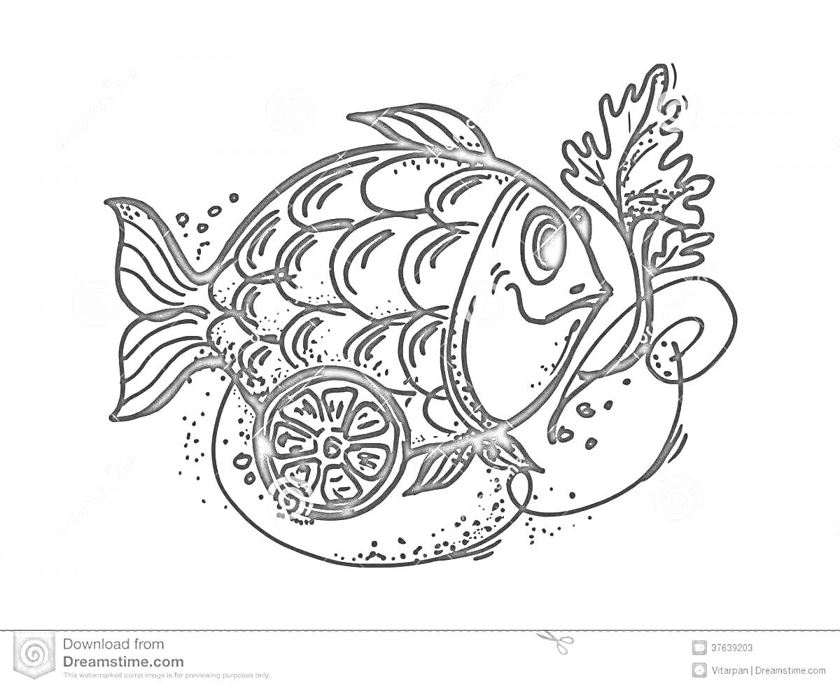 На раскраске изображено: Жареная рыба, Лимон, Петрушка, Еда, Иллюстрация, Морепродукты