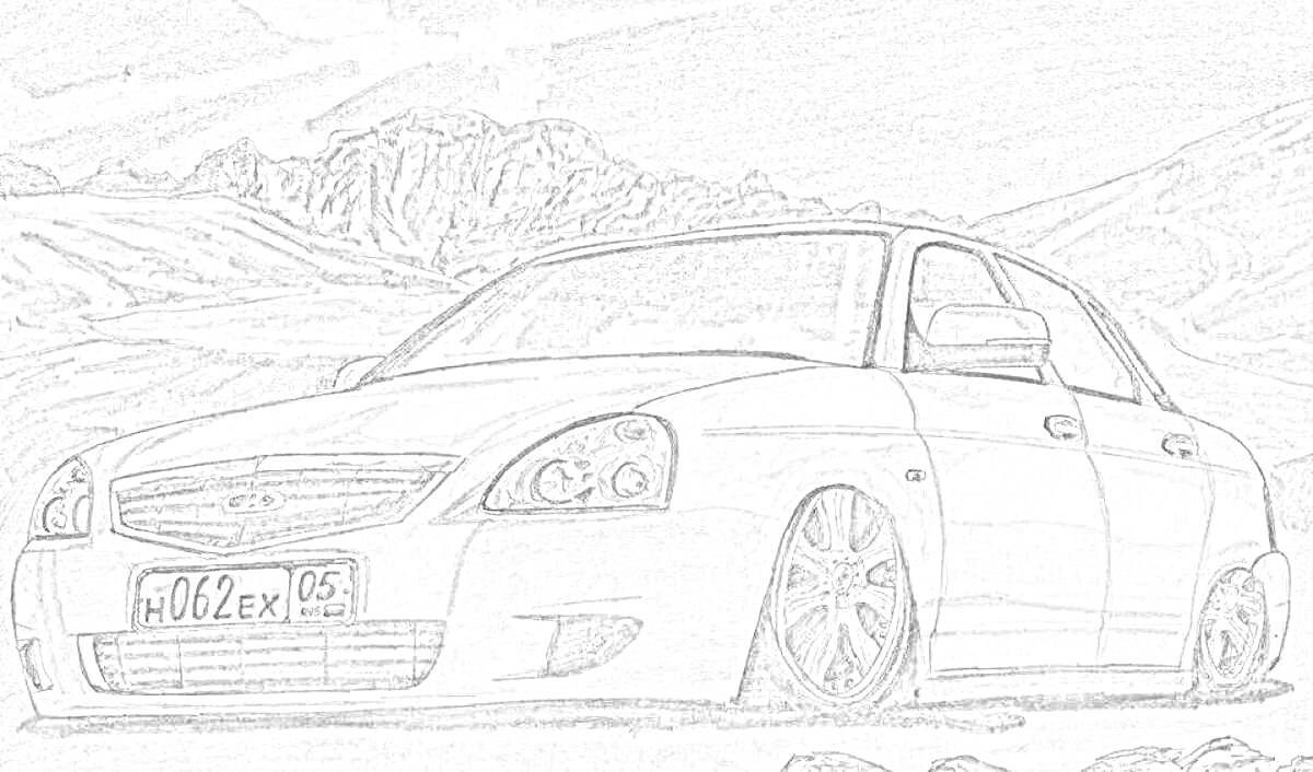 Раскраска Черно-белая раскраска автомобиля Приора на фоне гор