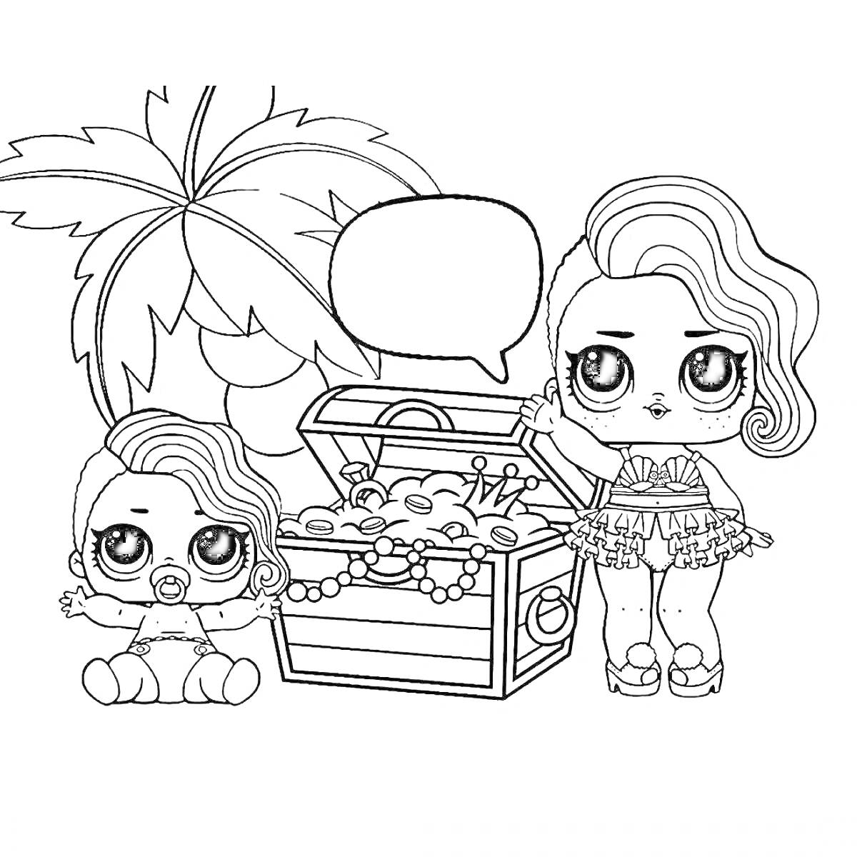 На раскраске изображено: Сундук с сокровищами, Девочка, Ребенок, Игрушки, Кукольный домик