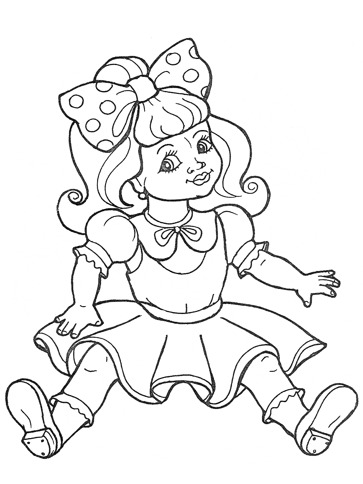 Раскраска Кукла с большим бантом, кудрявыми волосами, платьем с воротничком, пышной юбкой и туфельками