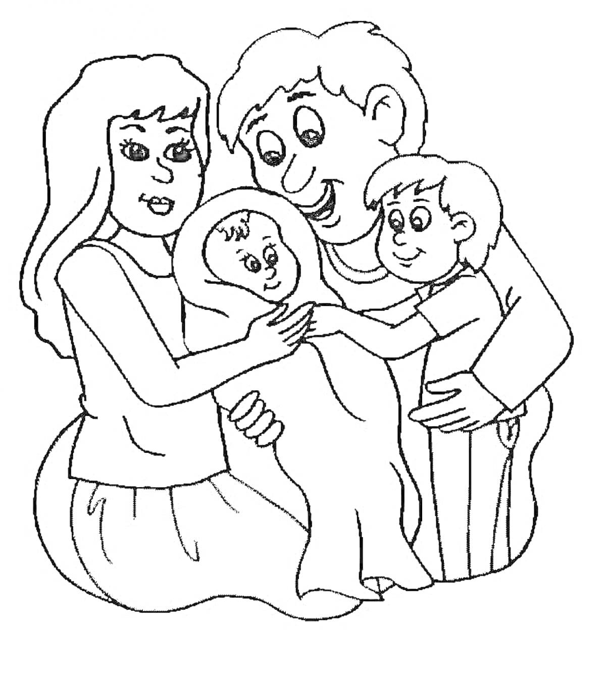 На раскраске изображено: Семья, Новорожденный, Мама, Сестра, Младенец, Родители