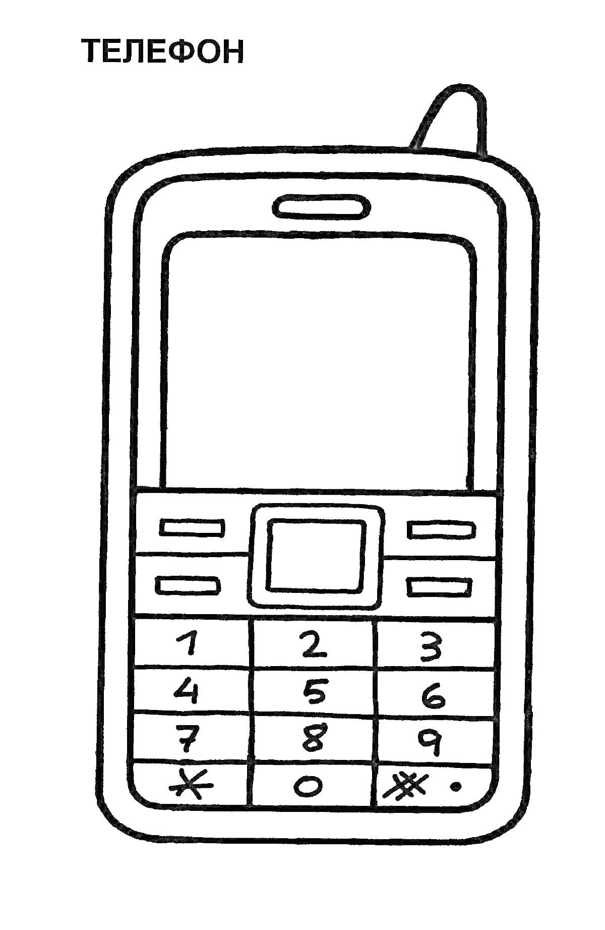 Раскраска Телефон с экраном, кнопками, антенной и цифрами