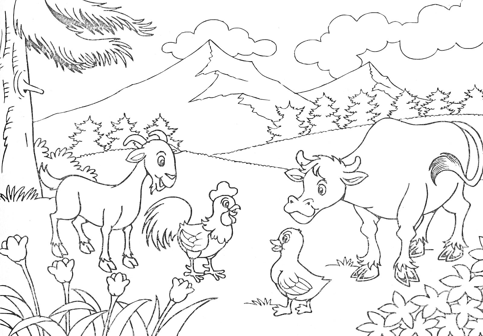 На раскраске изображено: Коза, Петух, Утка, Корова, Природа, Горы, Лес, Деревья, Цветы, Кусты, Сельское хозяйство, Для детей