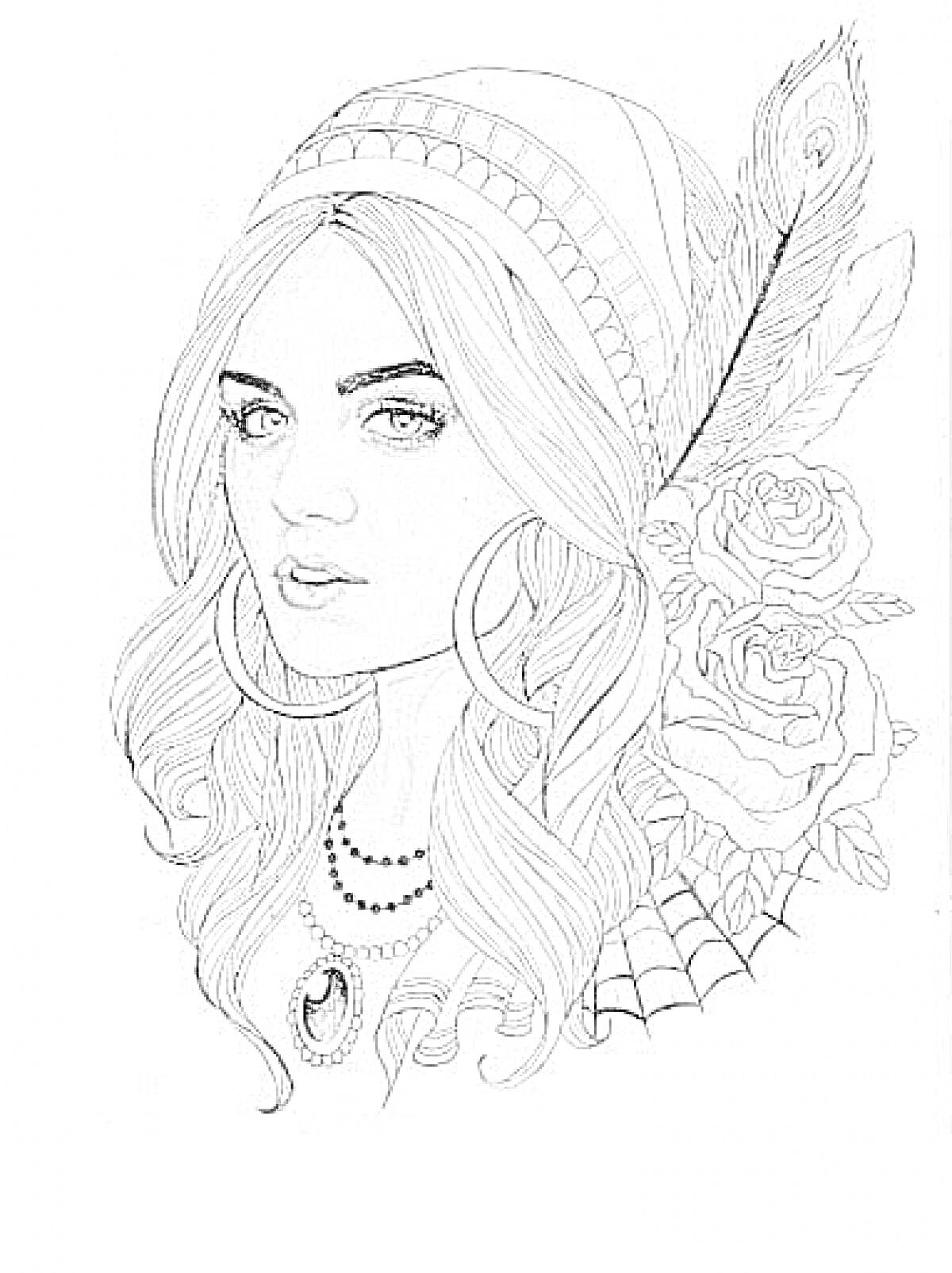 Раскраска Портрет девушки с длинными волосами в платке с пером, серьгами-кольцами, ожерельями и розами на фоне паутины
