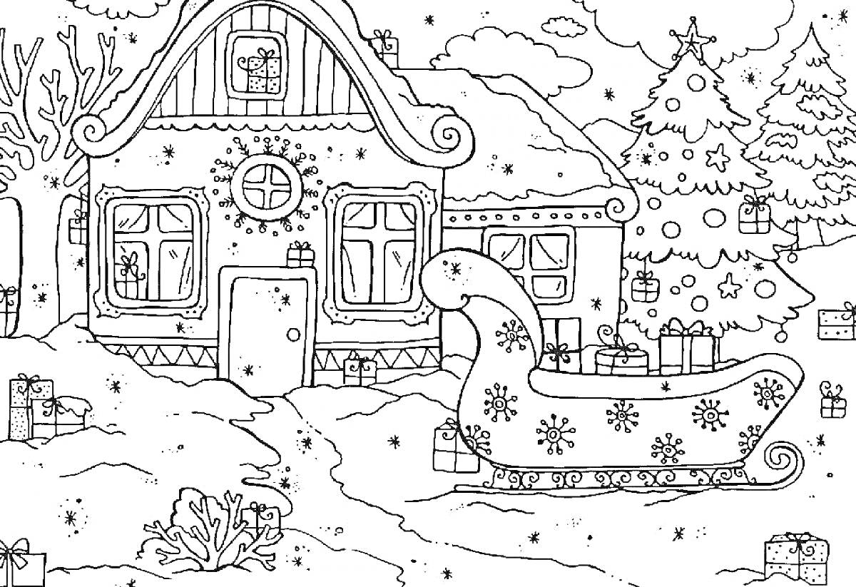 Раскраска Зимний дом с санками, ёлкой и подарками