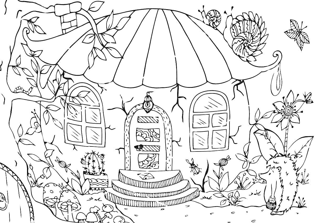 На раскраске изображено: Домик, Лес, Дверь, Окна, Крыша, Лестница, Растения, Цветы, Природа