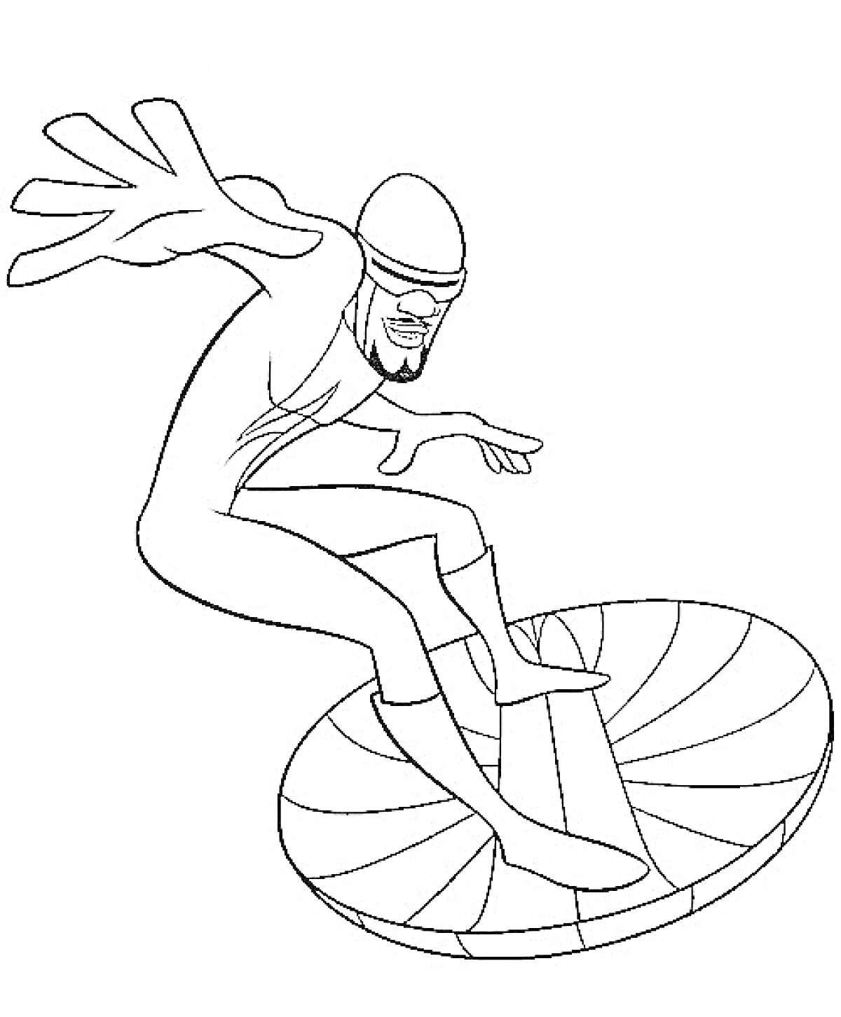 Раскраска Герой в костюме, парящий на диске, с поднятой рукой
