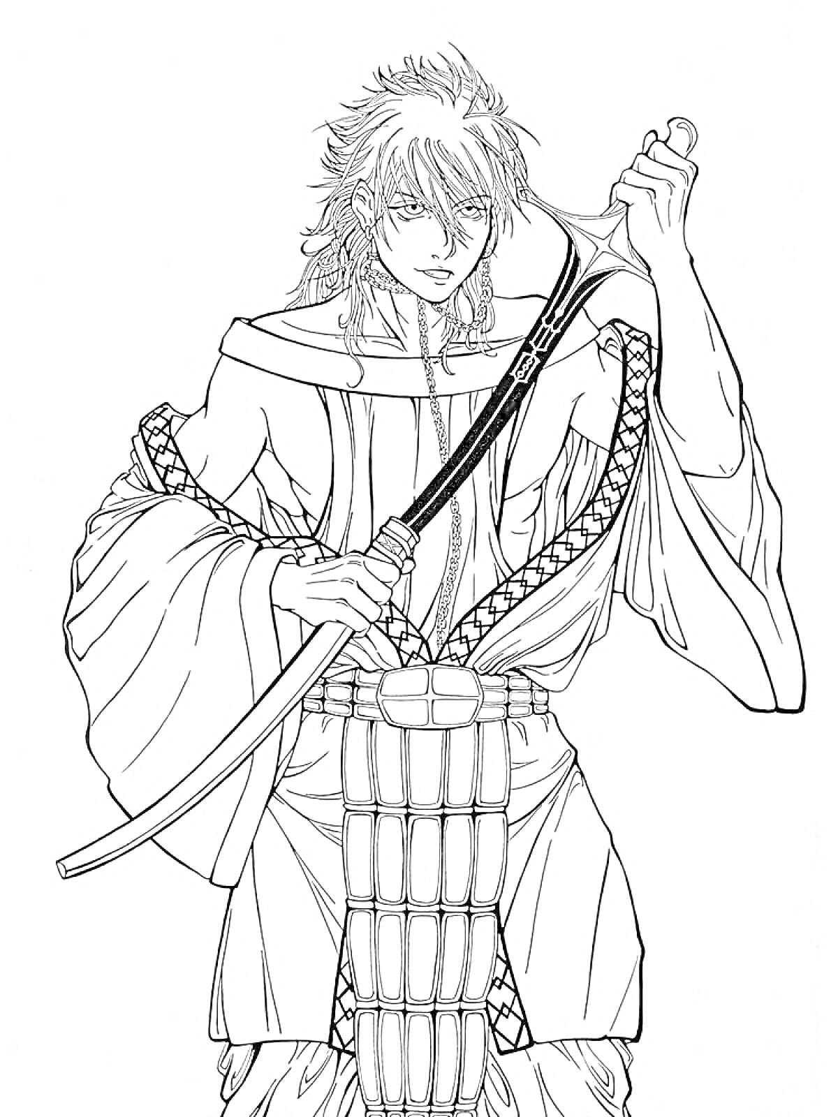 Раскраска Воин с мечом из Гуррен-Лаганн, человек с длинными волосами, одетый в традиционную одежду, держит меч.