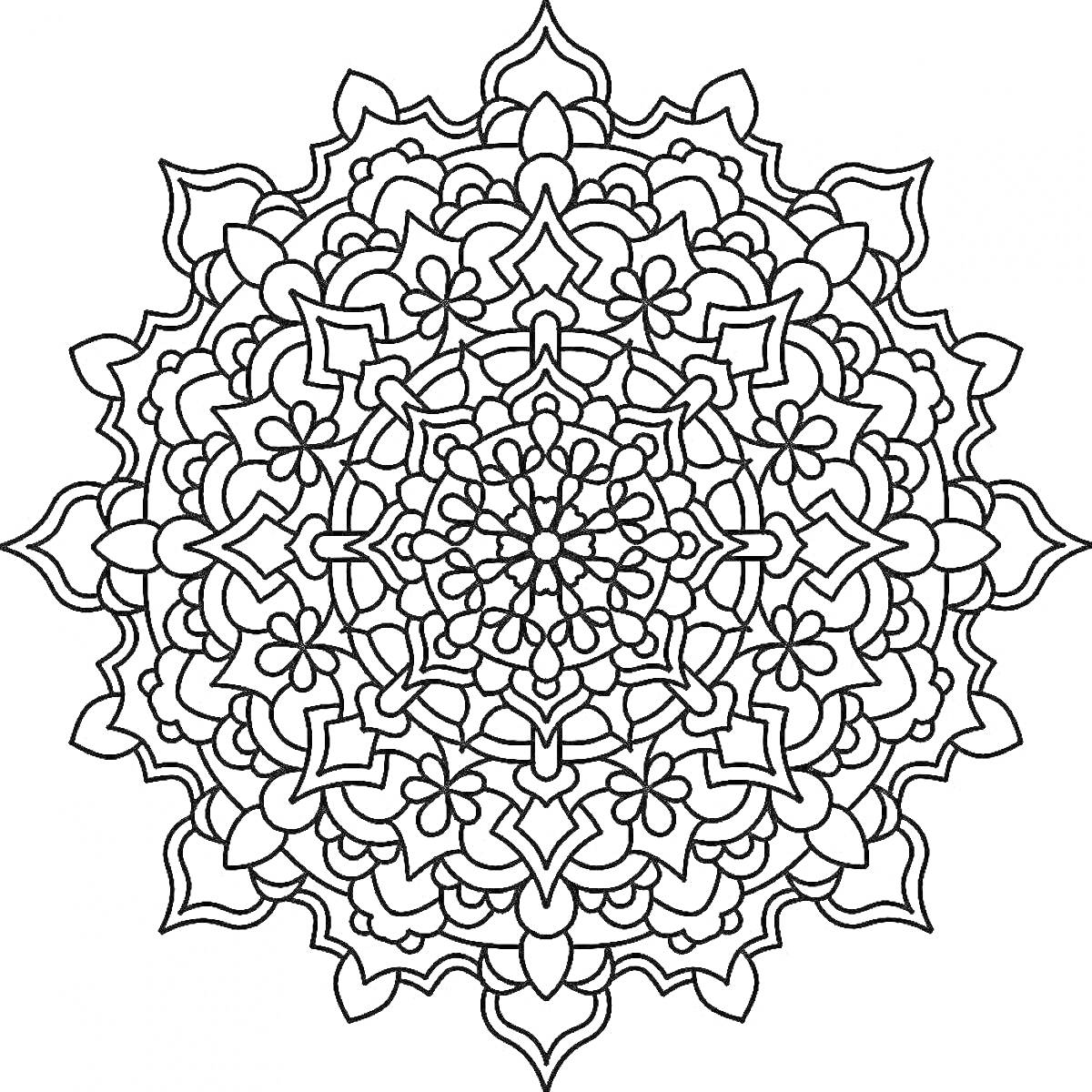 Раскраска Симметричное изображение арабески с цветочными и геометрическими элементами