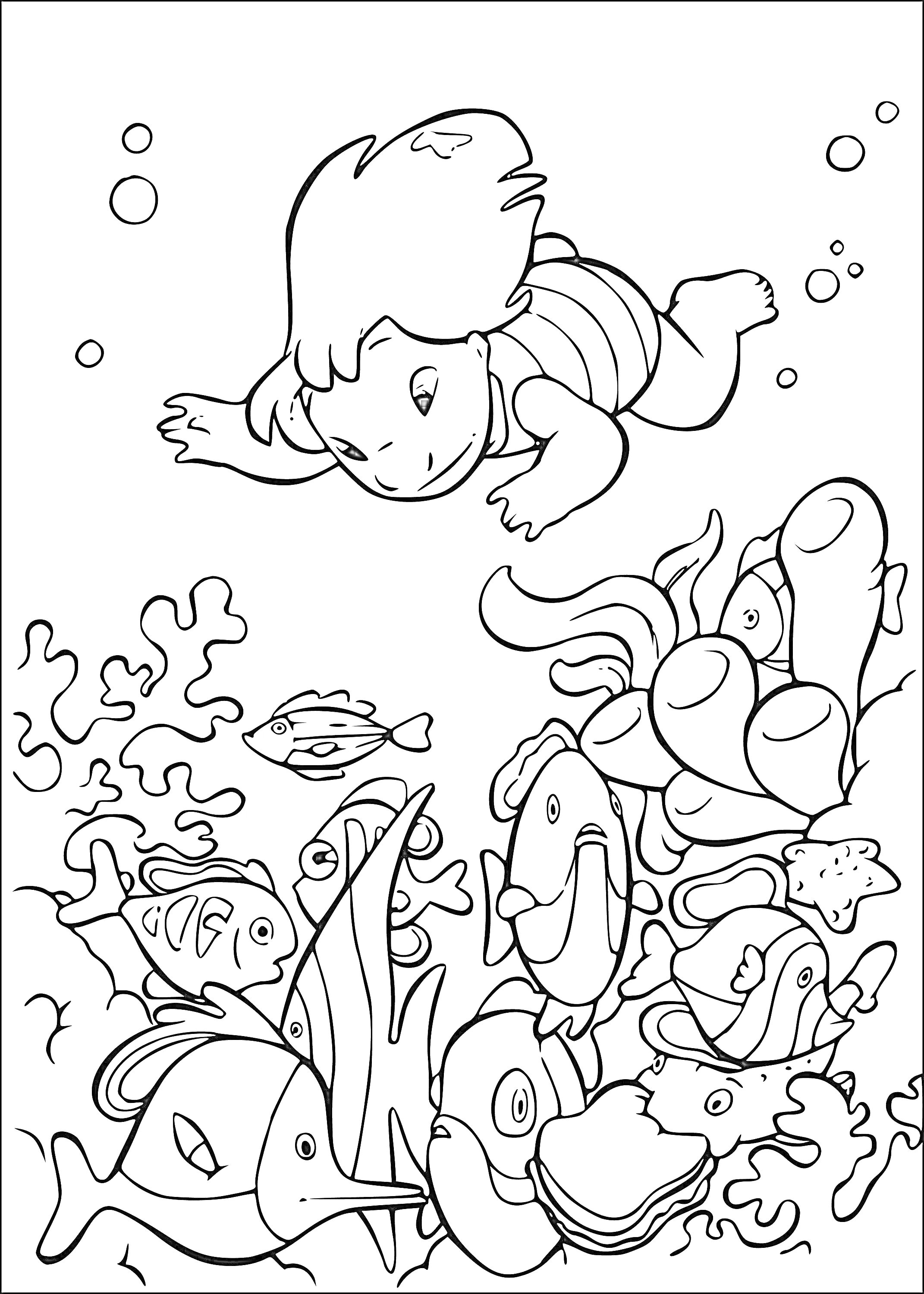 На раскраске изображено: Девочка, Подводный мир, Кораллы, Море, Плавание, Подводное плавание