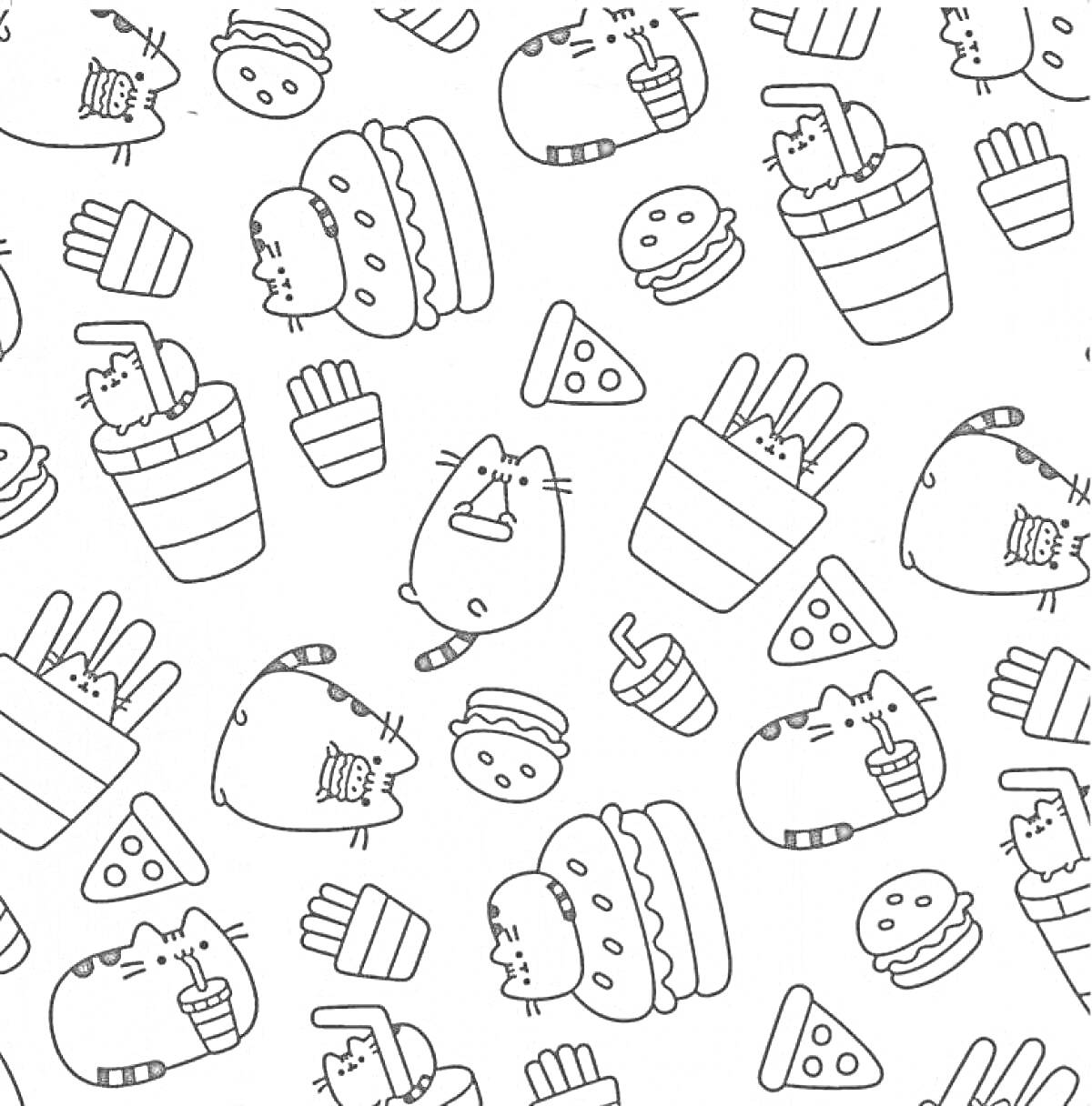 Раскраска Котики и фастфуд: коты в чашках с напитком, гамбургерах и порциях картофеля фри, кусочки пиццы, гамбургеры и картофель фри