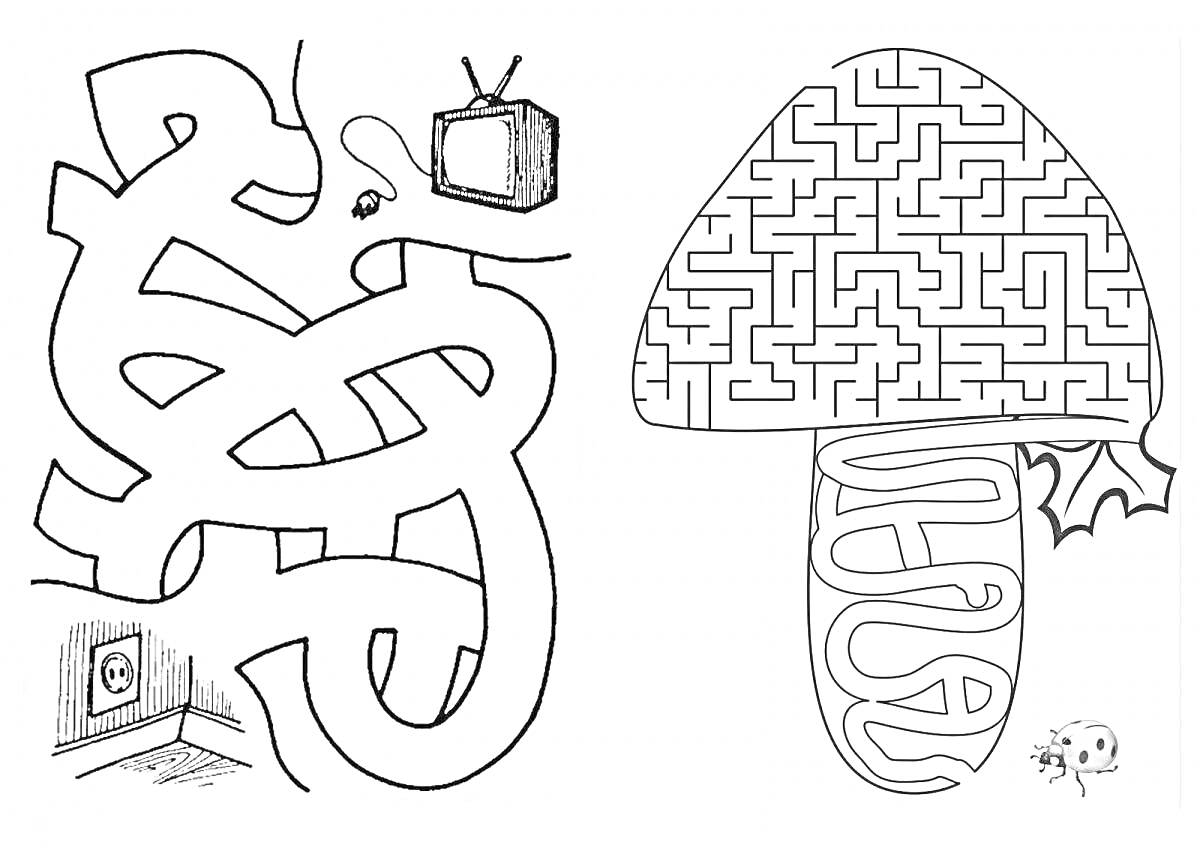 Раскраска Лабиринт для детей 5-6 лет с телевизором, пультом, грибом и божьей коровкой