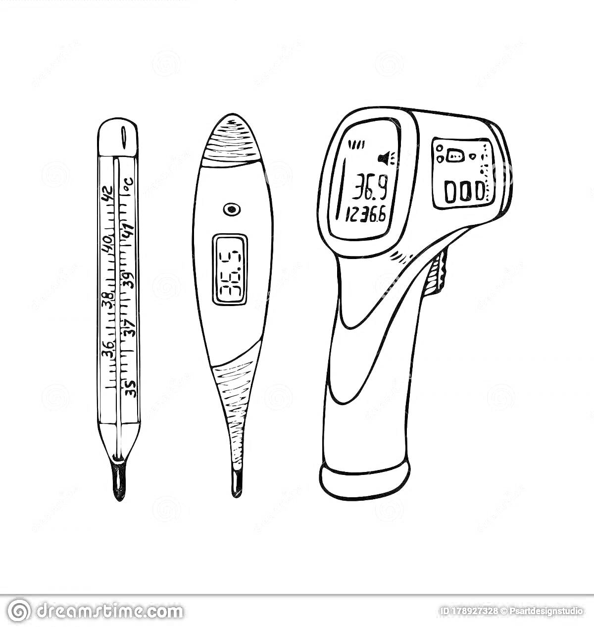 На раскраске изображено: Градусник, Термометр, Температура, Измерение температуры, Здоровье